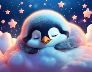 Fototapeta premium 空に広がるふわふわの雲の上で、お昼寝するペンギンの赤ちゃん。 ふわふわ丸い体で、穏やかな表情をしている。 背景には星やハートが散りばめていて、全体が夢のようなシーンに包まれている
