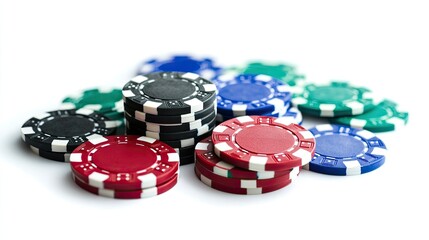 A Collection of Colorful Casino Poker Chips Stacked on a White Background, Perfect for Gaming, Gambling, and Casino-Themed Projects and Illustrations