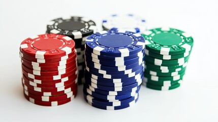 Vibrant Stacks of Casino Poker Chips in Various Colors on a White Background for Gambling, Gaming, and Casino-Themed Projects and Promotions