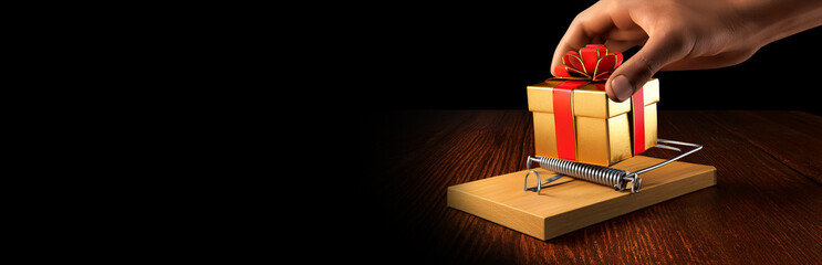 Extreme close-up of a male hand trying to take a gift package from a mousetrap on a wooden floor, isolated on a black background with copy space. Blank wide banner. Generative Ai.