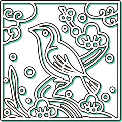 カラーシャドウ正方形シンプル花札　鶯　如月　梅　2月　梅に鶯