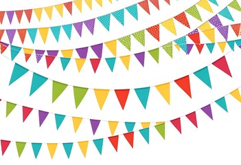 Multicolored Bright Buntings Garlands Flags with Ornament Isolated on White Background