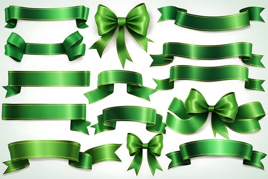 Green gift bows set isolated on white background. Christmas, New Year, birthday decoration. Vector realistic decor element for banner, greeting card, poster.