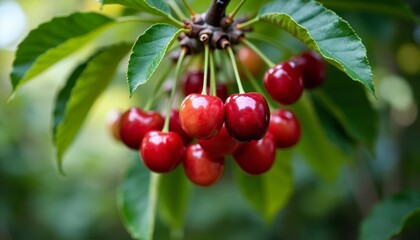 Obraz premium Bright red cherries hanging from a tree branch