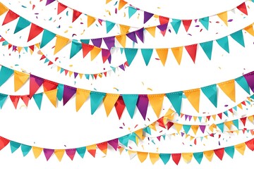 Multicolored Bright Buntings Garlands Flags with Ornament Isolated on White Background