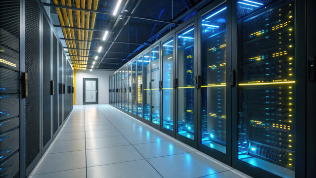 High - Tech Data Center, Virtual Servers, Light Streaks, Symbol - Moving Path for Big Data Processing in Futuristic Film.