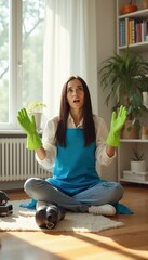 Woman in Vibrant Blue Apron Expressing Surprise in Modern Living Space