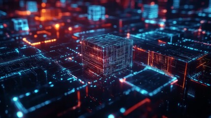 Fototapeta premium A blockchain ledger with floating cubes of data in a dark, high-tech environment