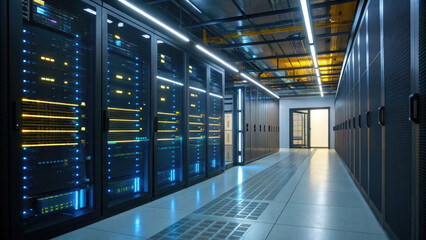 High - Tech Data Center, Virtual Servers, Light Streaks, Symbol - Moving Path for Big Data Processing in Futuristic Film.