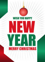 Vertical new year postcard on white background with red and green elements