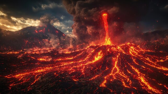 Erupting volcano with lava flow under dramatic sky.
