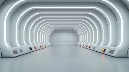 Obraz premium Futuristic corridor with glowing lights and smooth surfaces, white isolated background.