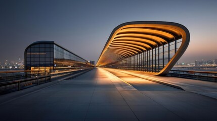 Modern architectural bridge illuminated at night over a city landscape.