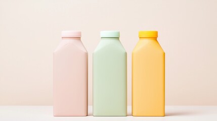 Mock-up of Minimalist Carton Food Packaging Concept. An illustration of three pastel-colored milk cartons in pink, green, and yellow are arranged against a neutral background