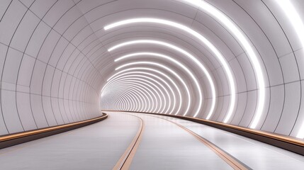 Fototapeta premium Futuristic tunnel interior with glowing lights and smooth curves.