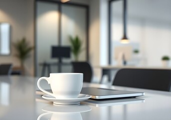 Fototapeta premium White coffee cup with laptop computer on office table for business concept, in clean office.
