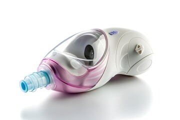 A pink and white device with a blue tube attached to it