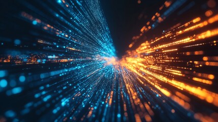 Naklejka premium A bold visualization of hyper-speed data movement, with luminous rays and explosive effects, against a rich dark background