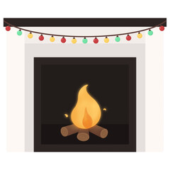 Christmas fireplace burning with  lights bulb string decoration