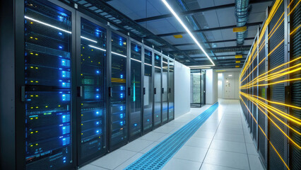 High - Tech Data Center, Virtual Servers, Light Streaks, Symbol - Moving Path for Big Data Processing in Futuristic Film.