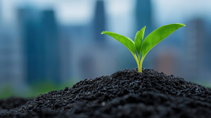 Clean technology innovations for reducing environmental footprint, A vibrant green seedling emerges from dark soil against a blurred city skyline, symbolizing growth and resilience in nature.