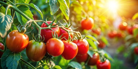 Sun-Kissed Tomatoes Ripe for the Picking - A Close-Up View of a Lush Tomato Vine Basking in the Golden Hour Light