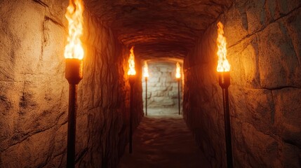 Ancient stone tunnel illuminated by torches, inviting exploration.