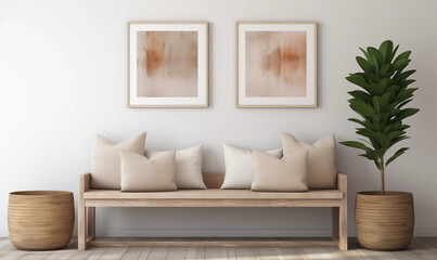 Minimalist Living Room Interior Design with Wooden Bench Plant and Abstract Art