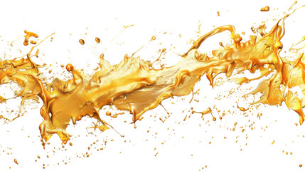 Golden oil splash with shiny texture on white transparent background
