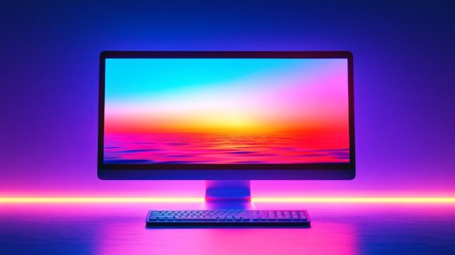 Neon Lights Computer Desktop with Sunset Wallpaper