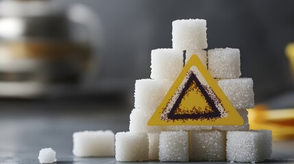 Sugar cubes meticulously stacked in the shape of a warning sign, symbolizing the cautionary message of excessive indulgence and the potential dangers of overconsumption.