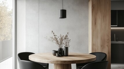 A modern dining table with a black metal base and wooden top, surrounded by sleek chairs