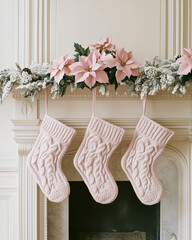 three delicate pink Christmas stockings, beautifully hand-knit, hanging by the fireplace.