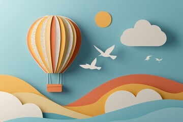 A playful paper-cut illustration of a hot air balloon, clouds, and birds, set against a vibrant landscape with layered hills under a bright sun.
