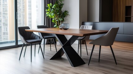 A modern dining table with a black metal base and wooden top, surrounded by sleek chairs