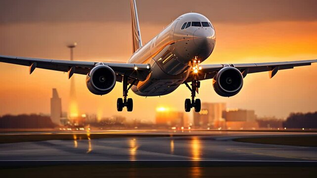 Commercial Passenger Airplane Taking Off Landing in Airport at Sunset Sunrise with Blurred Bokeh Lights Background