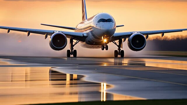 Commercial Passenger Airplane Taking Off Landing in Airport at Sunset Sunrise with Blurred Bokeh Lights Background