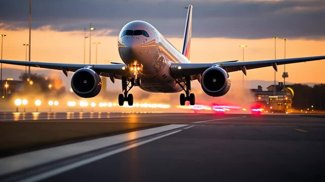Commercial Passenger Airplane Taking Off Landing in Airport at Sunset Sunrise with Blurred Bokeh Lights Background