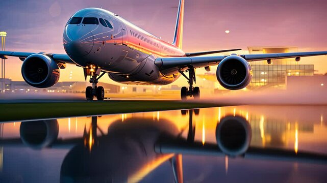 Commercial Passenger Airplane Taking Off Landing in Airport at Sunset Sunrise with Blurred Bokeh Lights Background