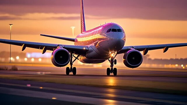 Commercial Passenger Airplane Taking Off Landing in Airport at Sunset Sunrise with Blurred Bokeh Lights Background
