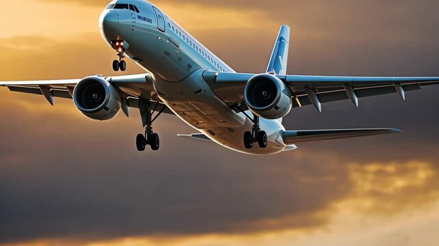 Commercial Passenger Airplane Taking Off Landing in Airport at Sunset Sunrise with Blurred Bokeh Lights Background