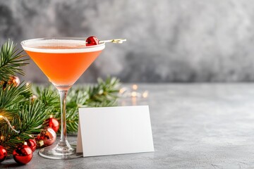 Christmas cocktail in glass and a blank card. ai generated