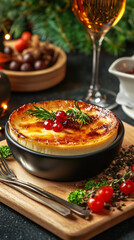 Creme brulée dessert served on a table with christmas decorations and a glass of white wine