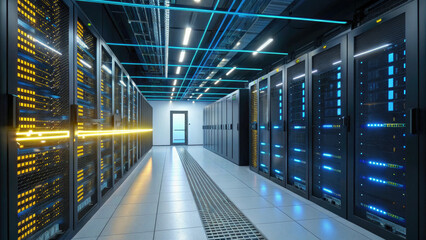 High - Tech Data Center, Virtual Servers, Light Streaks, Symbol - Moving Path for Big Data Processing in Futuristic Film.