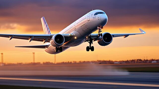 Commercial Passenger Airplane Taking Off Landing in Airport at Sunset Sunrise with Blurred Bokeh Lights Background