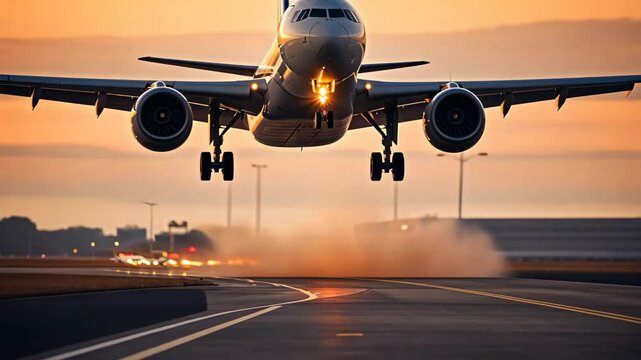Commercial Passenger Airplane Taking Off Landing in Airport at Sunset Sunrise with Blurred Bokeh Lights Background