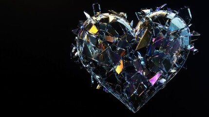 A heart shattered into transparent glass shards with slight iridescent reflections, creating a prismatic effect against a black background.