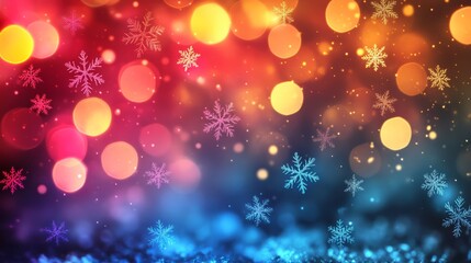 A colorful holiday night scene with vibrant glowing bokeh lights and snowflakes, New year backround