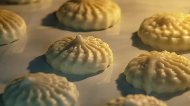 Profiteroles custard cakes are baked in the oven. Cooking of confectionery products. Close-up timelapse.