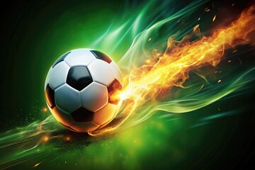 Naklejka premium Capture the excitement of football with a dramatic low-light shot of a flying soccer ball, enhanced by glowing motion trails and captivating green blur effects.